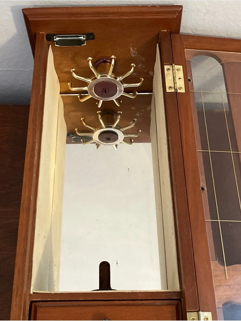 Vintage Tall Wooden Jewelry Armoire with Glass Front and Rose Detail
